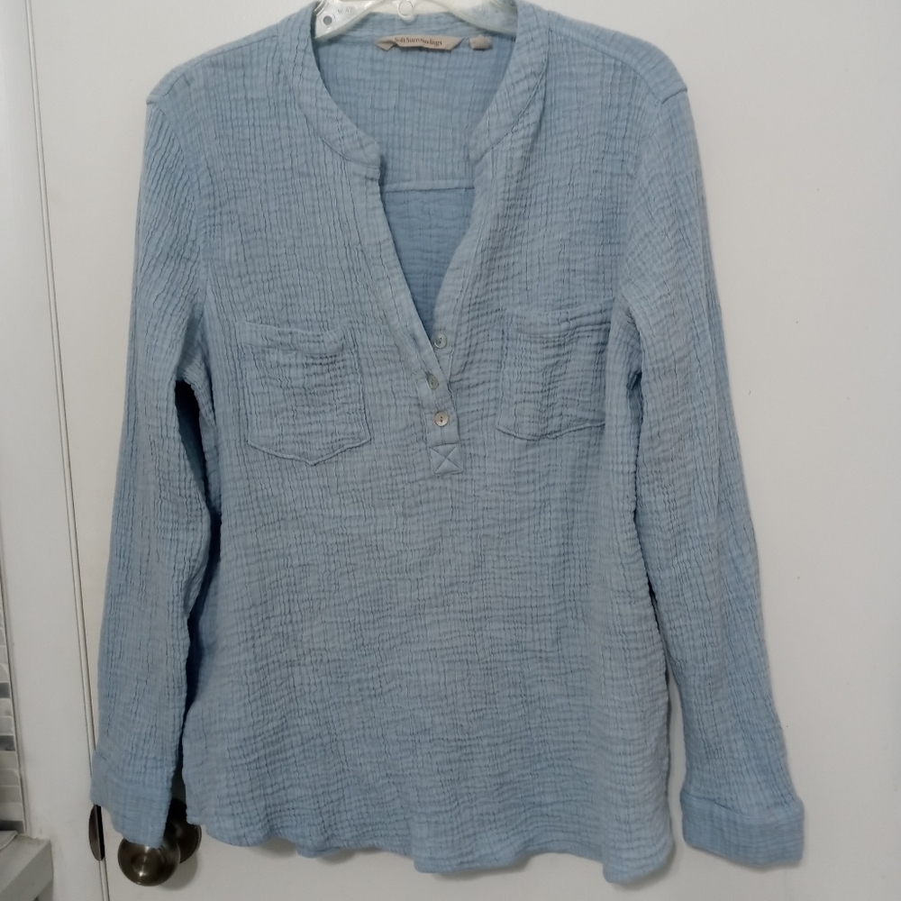 Soft surroundings Long Sleeve sky Blue Gauzy Stretch Tunic Blouse Large